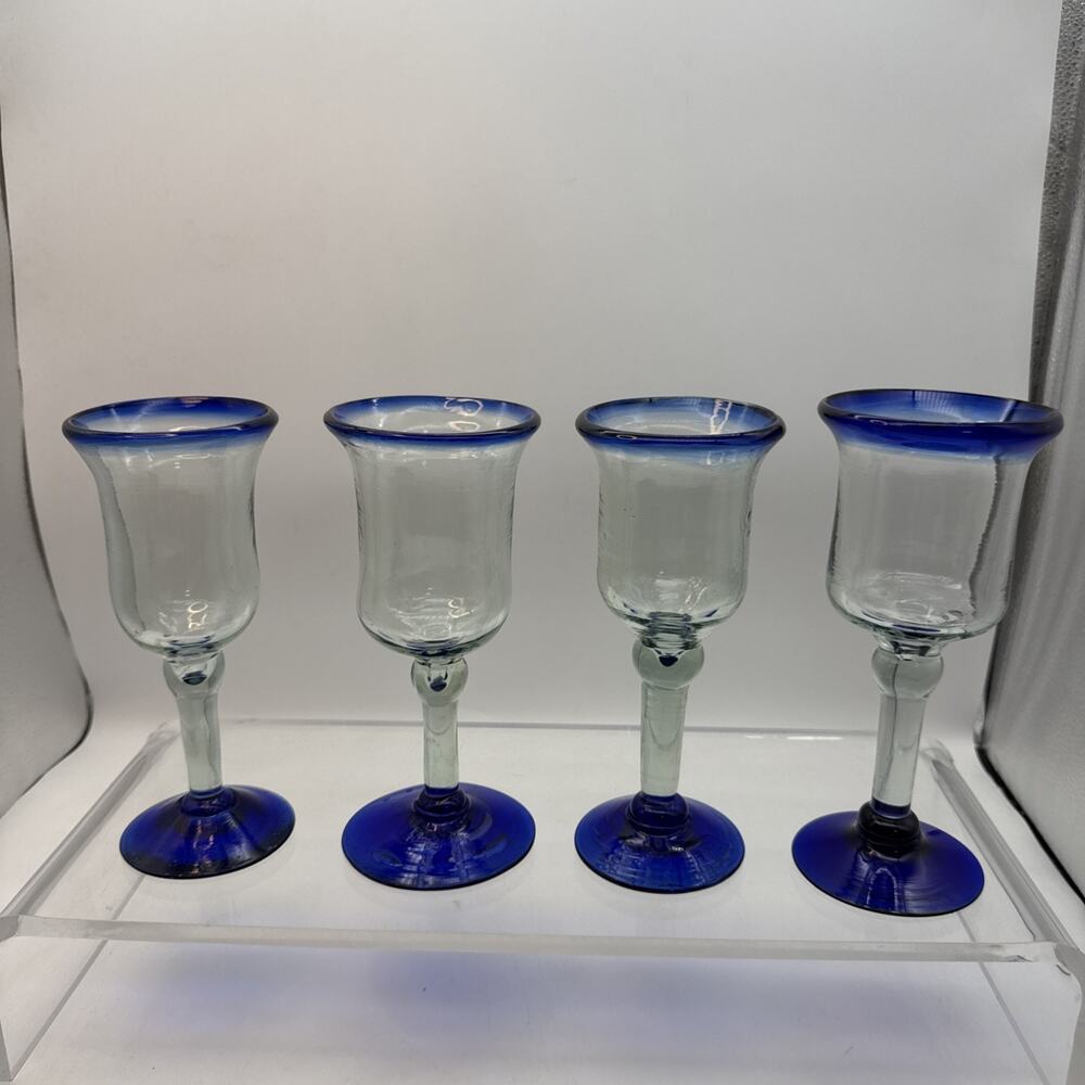 MEXICAN HAND BLOWN COBALT BLUE RIM WINE WATER GLASSES Set Of Four- READ